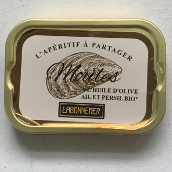 Image of the front of a tin of Ferrigno La Bonne Mer Mussels with Organic Olive Oil, Garlic and Parsley