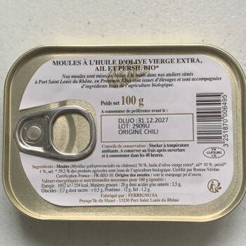Image of the back of a tin of Ferrigno La Bonne Mer Mussels with Organic Olive Oil, Garlic and Parsley