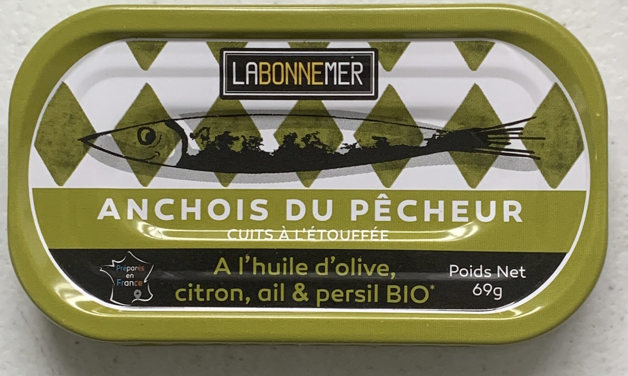 Image of the front of a tin of Ferrigno La Bonne Mer Fisherman's Anchovies