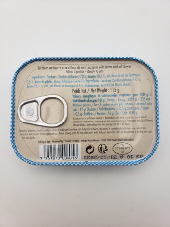 Image of Ferrigno sardines a la beurre back label nutritional information