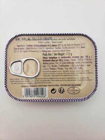 Image of Ferrigno sardines with butter and thyme back label nutritional information