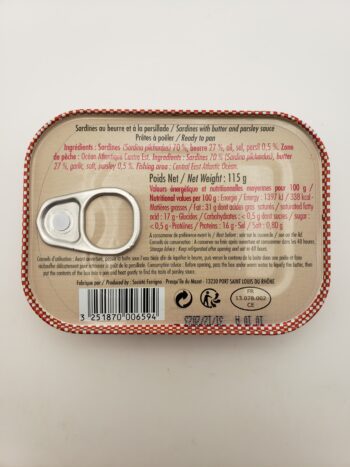 Image of Ferrigno sardines with butter, garlic, and parsley back label nutritional information