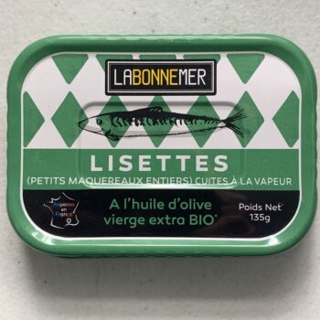 Image of the front of a tin of Ferrigno La Bonne Mer Lisettes (Small Whole Mackerel) in Organic Extra Virgin Olive Oil