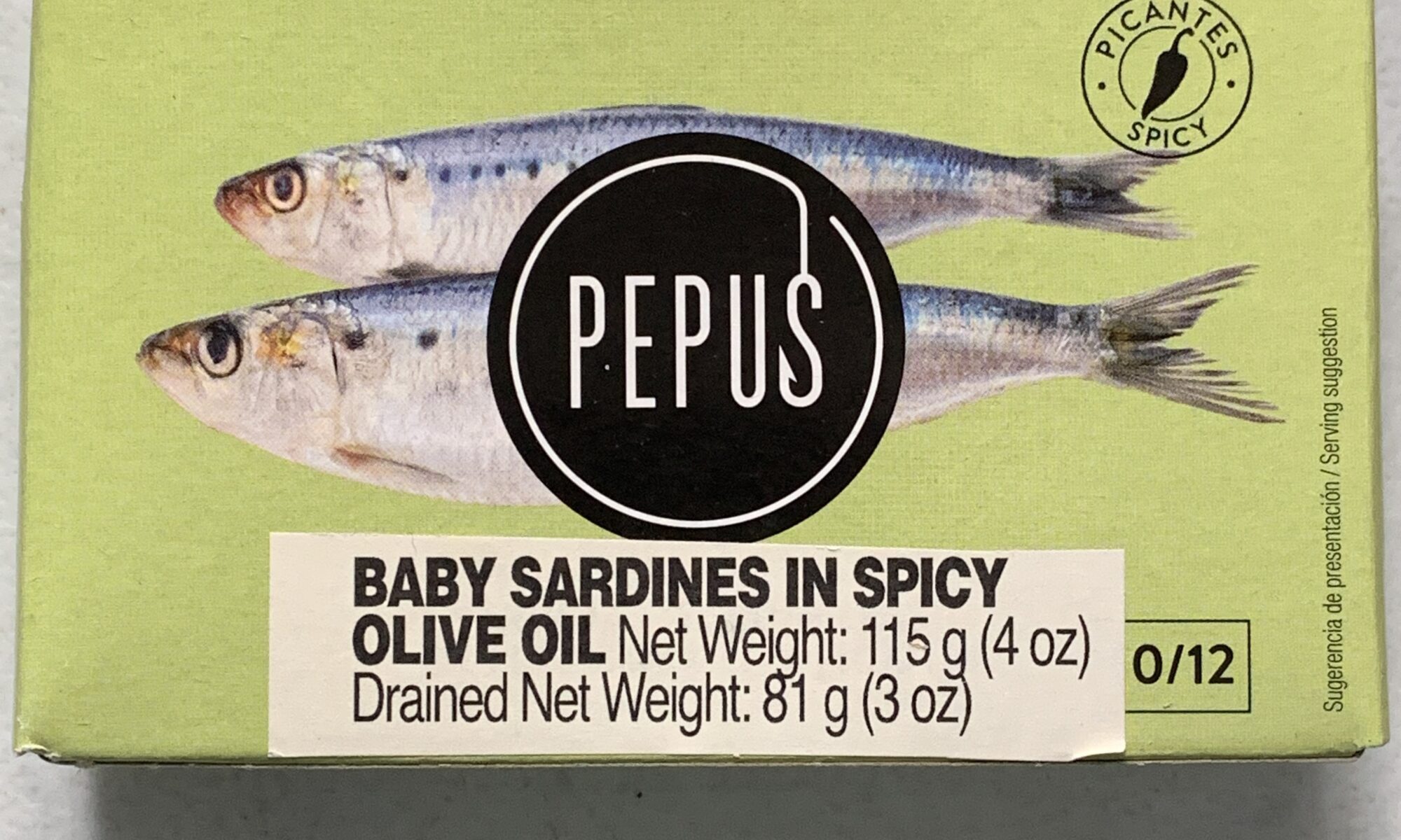Image of the front of a package of Pepus Baby Sardines in Spicy Olive Oil