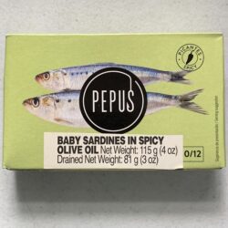 Image of the front of a package of Pepus Baby Sardines in Spicy Olive Oil