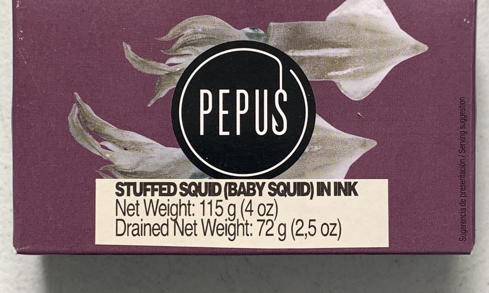 Image of the front of a package of Pepus Stuffed Baby Squid in Ink