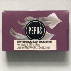 Image of the front of a package of Pepus Stuffed Baby Squid in Ink