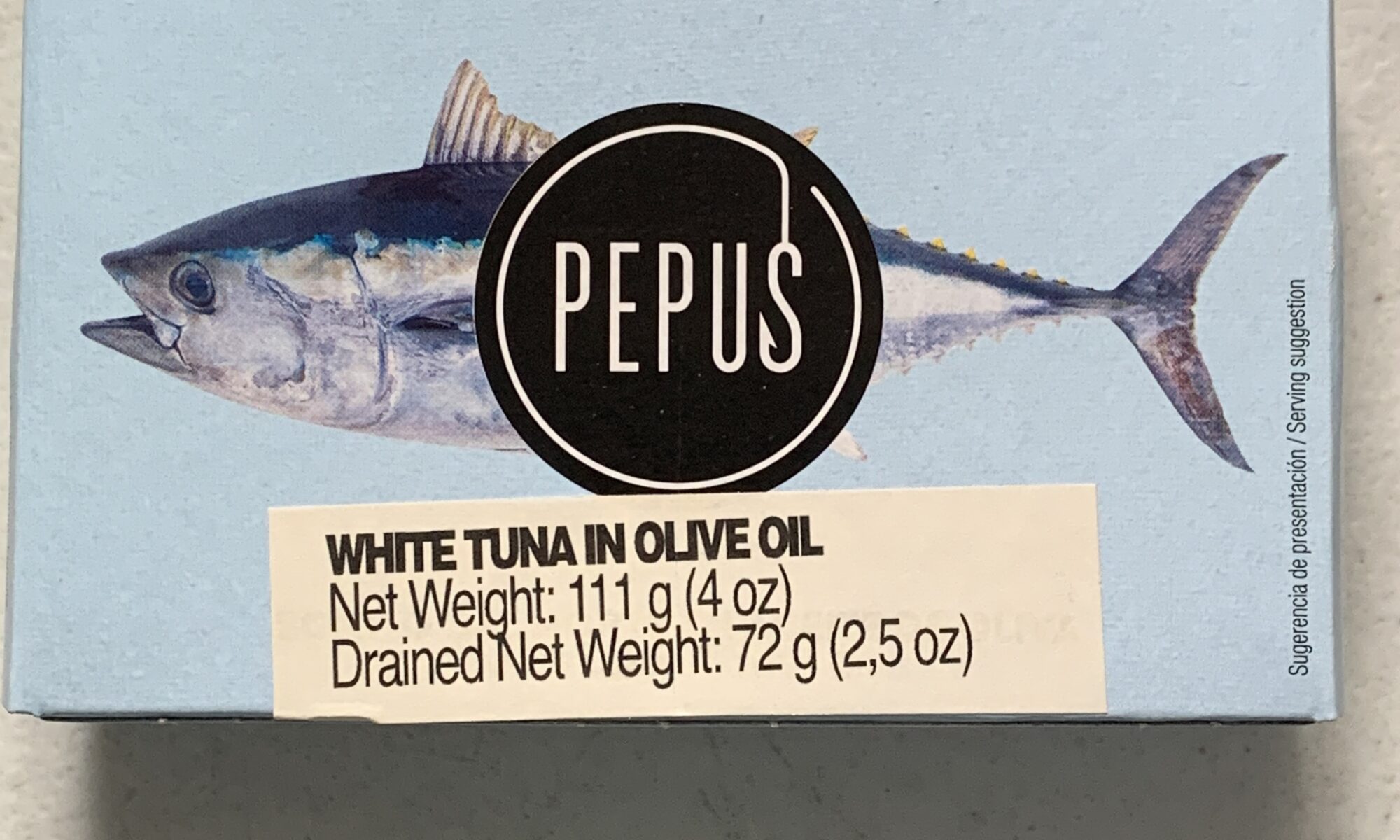 Image of the front of a package of Pepus White Tuna (Albacore) in Olive Oil