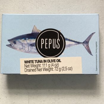 Image of the front of a package of Pepus White Tuna (Albacore) in Olive Oil