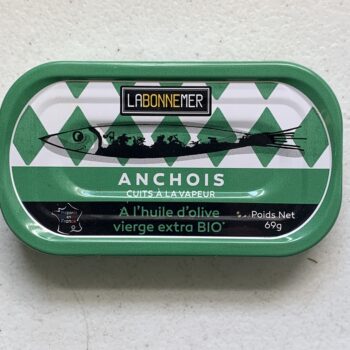 Image of the front of a tin of Ferrigno La Bonne Mer Anchovies in Organic Extra Virgin Olive Oil