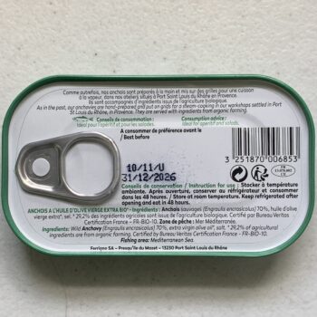 Image of the back of a tin of Ferrigno La Bonne Mer Anchovies in Organic Extra Virgin Olive Oil