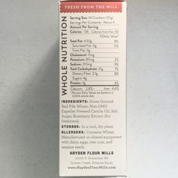 Image of the side panel of a box of Hayden Flour Mills Red Fife Mini Crackers