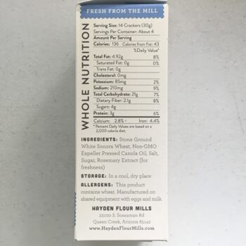 Image of the side panel of a box of Hayden Flour Mills White Sonora Mini Crackers