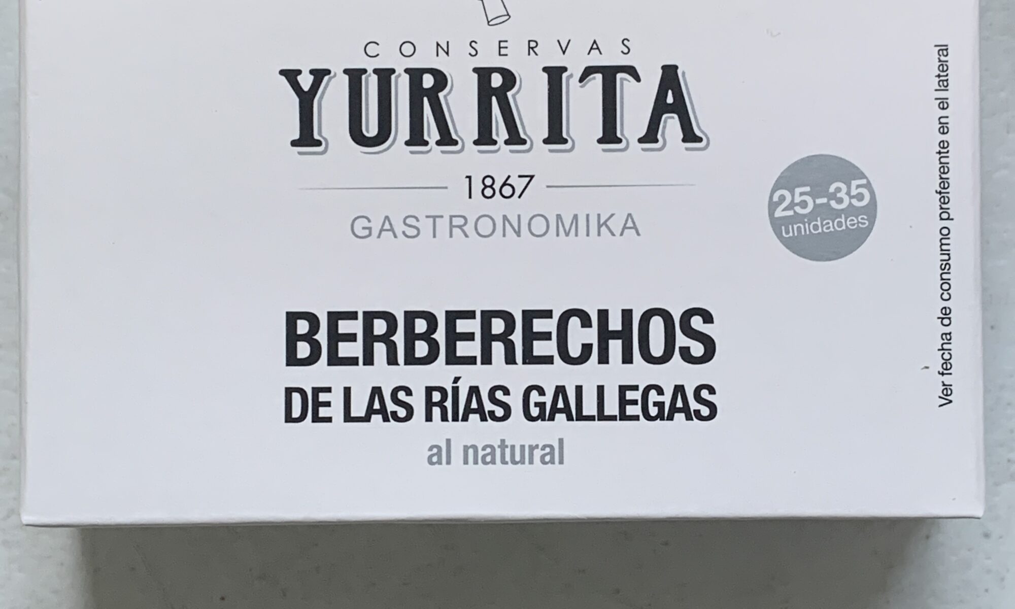 Image of the front of a package of Yurrita Cockles in Brine 25/35