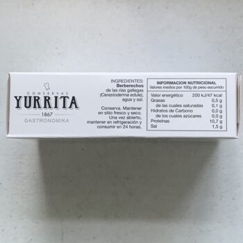 Image of the side panel of a package of Yurrita Cockles in Brine 25/35