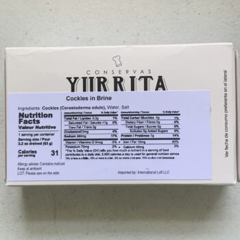 Image of the back of a package of Yurrita Cockles in Brine 25/35