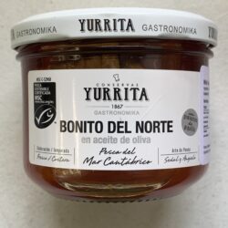 Image of the front of a jar of Yurrita White Tuna in Olive Oil with Piquillo Peppers, Glass Jar
