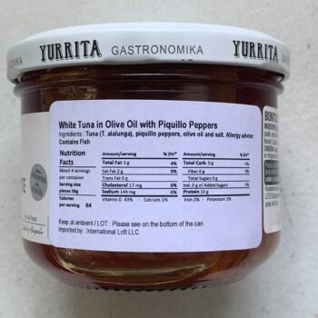 Image of the Nutrition Info panel on a jar of Yurrita White Tuna in Olive Oil with Piquillo Peppers, Glass Jar
