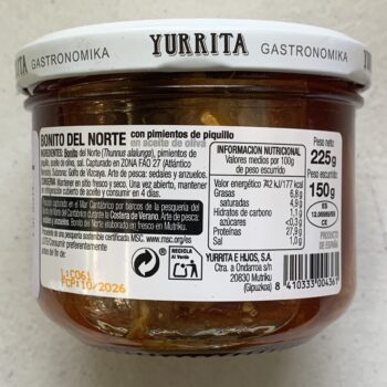 Image of the back panel of a jar of Yurrita White Tuna in Olive Oil with Piquillo Peppers, Glass Jar
