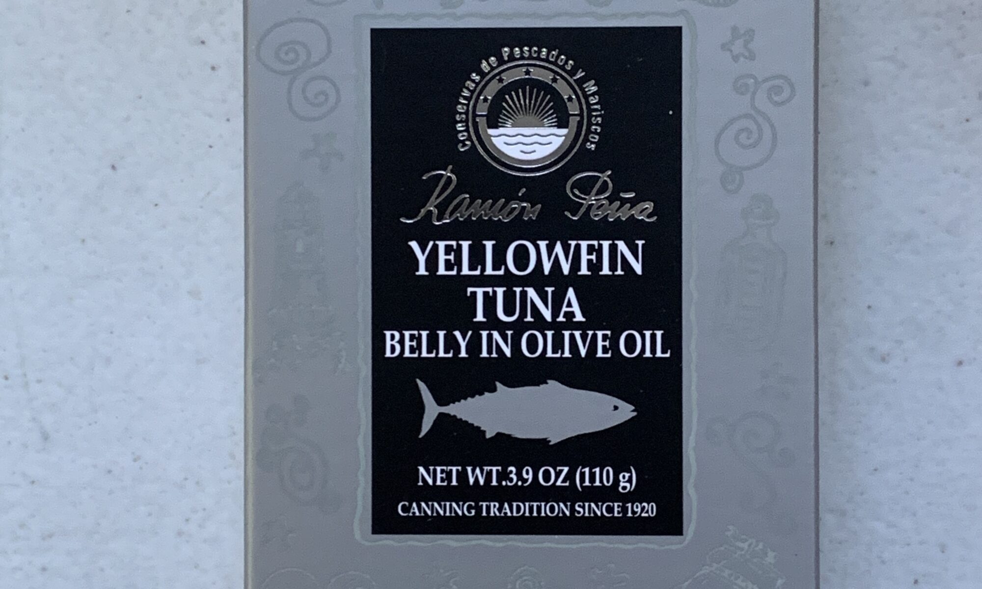 Image of the front of a package of Ramón Peña Yellowfin Tuna Ventresca in Olive Oil, Silver Line