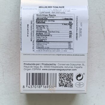 Image of the back of a package of Güeyu Mar Chargrilled Bluefin Tuna Pâté