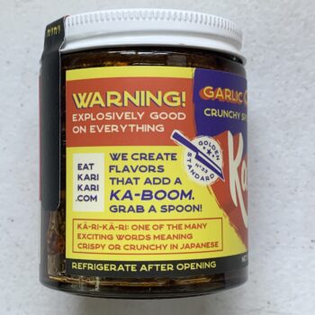 Image of the side panel of a jar of KariKari Garlic Chili Crisp, 6 oz, Glass Jar