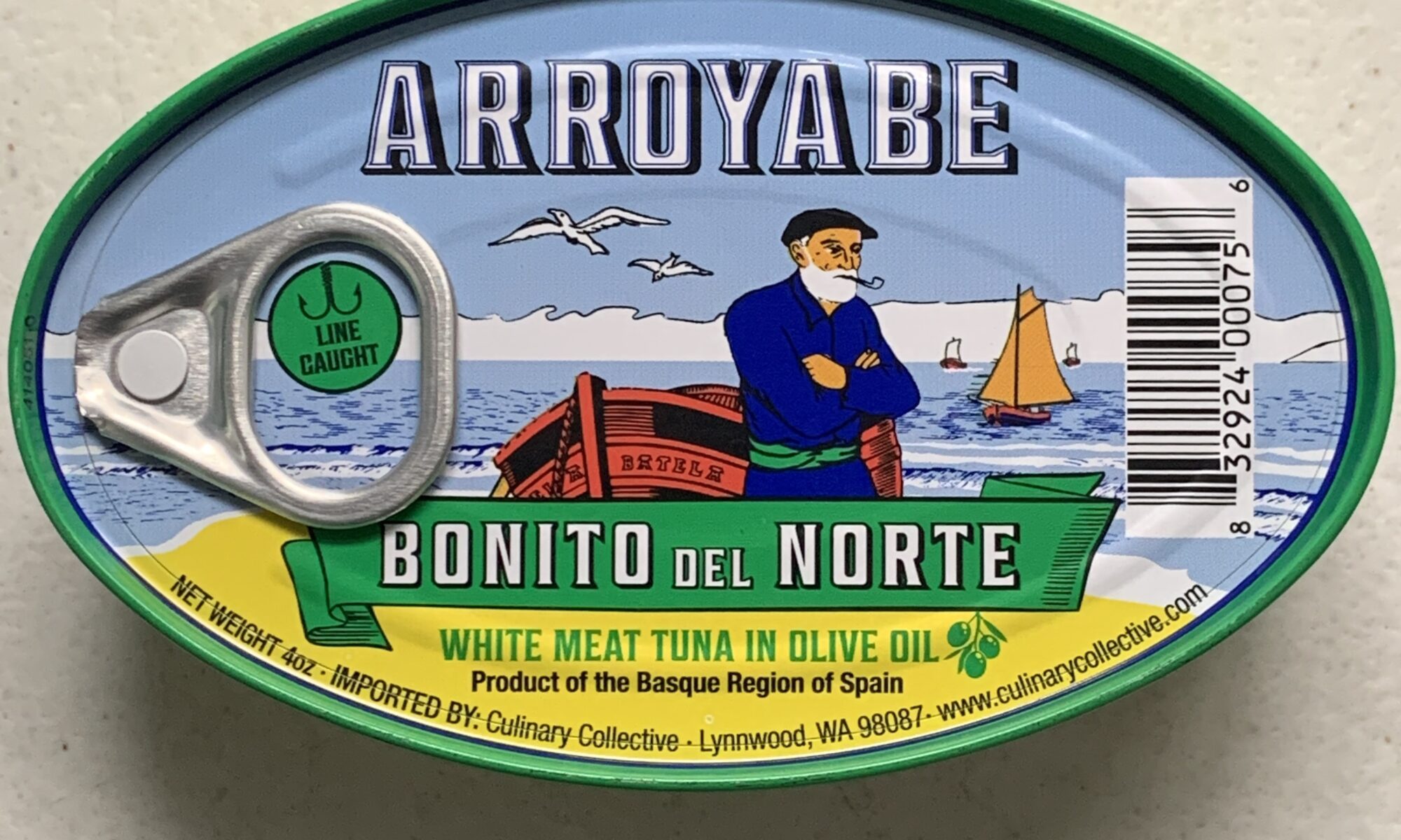 Image of the front of a tin of Arroyabe Bonito del Norte (Albacore) in Olive Oil