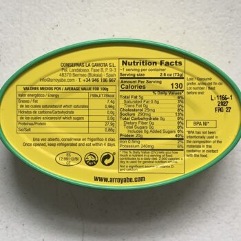 Image of the back of a tin of Arroyabe Bonito del Norte (Albacore) in Olive Oil