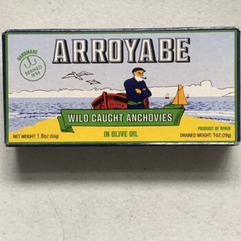 Image of the front of a tin of Arroyabe Anchovy Fillets in Olive Oil