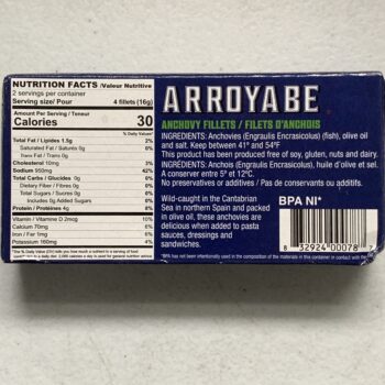 Image of the back of a package of Arroyabe Anchovy Fillets in Olive Oil