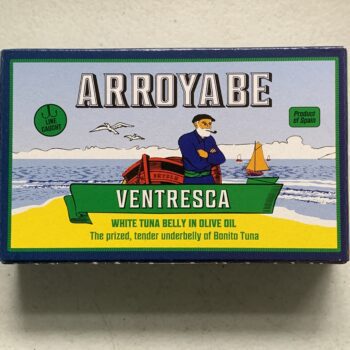 Image of the front of a tin of Arroyabe Ventresca of Bonito del Norte (Albacore) in Olive Oil