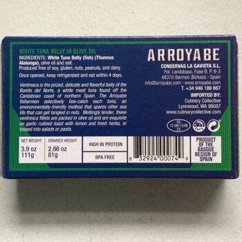 Image of the back of a package of Arroyabe Ventresca of Bonito del Norte (Albacore) in Olive Oil