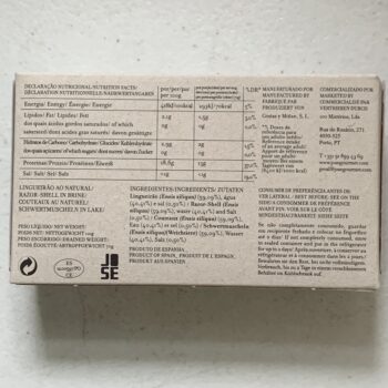 Image of the back of a package of José Gourmet Razor Clams in Brine 6/8