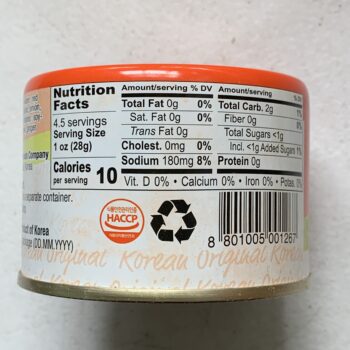 Image of the Nutrition Info panel of a can of Sempio Kimchi, Original