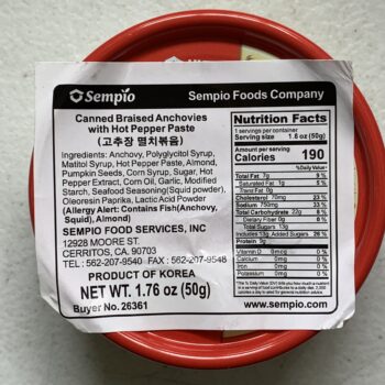 Image of the Nutrition Info panel of a can of Sempio Braised Anchovies with Hot Pepper Paste (Gochujang)