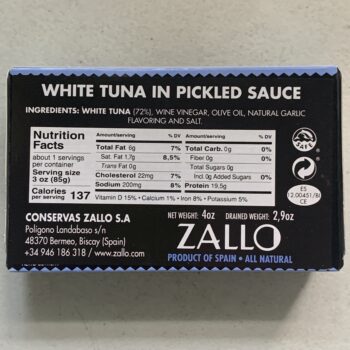 Image of the back of a tin of Zallo Bonito del Norte (White Tuna) in Escabeche