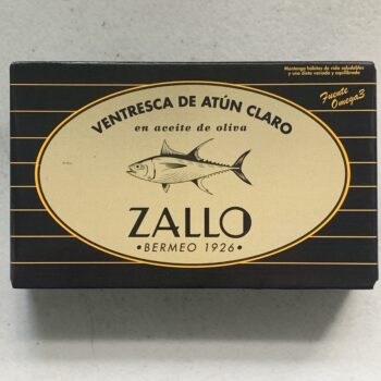 Image of the front of a package of Zallo Yellowfin Ventresca in Olive Oil
