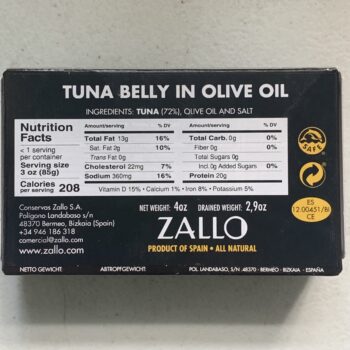 Image of the back of a package of Zallo Yellowfin Ventresca in Olive Oil