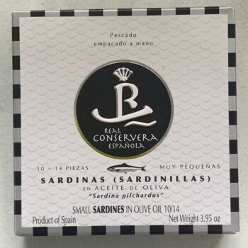 Image of the front of a package of Real Conservera Small Sardines (Sardinillas) in Olive Oil 10/14