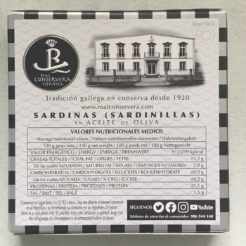 Image of the back of a package of Real Conservera Small Sardines (Sardinillas) in Olive Oil 10/14