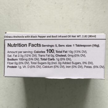 Image of the Nutrition Info panel of a package of Marusa Shirasu Whitebait ("Anchovies") with Black Pepper and Basil Infused Oil
