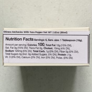 Image of the Nutrition Info panel of a package of Marusa Shirasu Whitebait ("Anchovies") with Yuzu Kosho