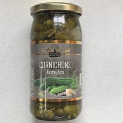 Image of the front of a jar of Eugène Brunel Cornichons Extra-Fins