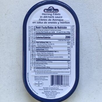Image of the back of a tin of Rügen Fisch Herring Fillets in Dill-Herb Sauce