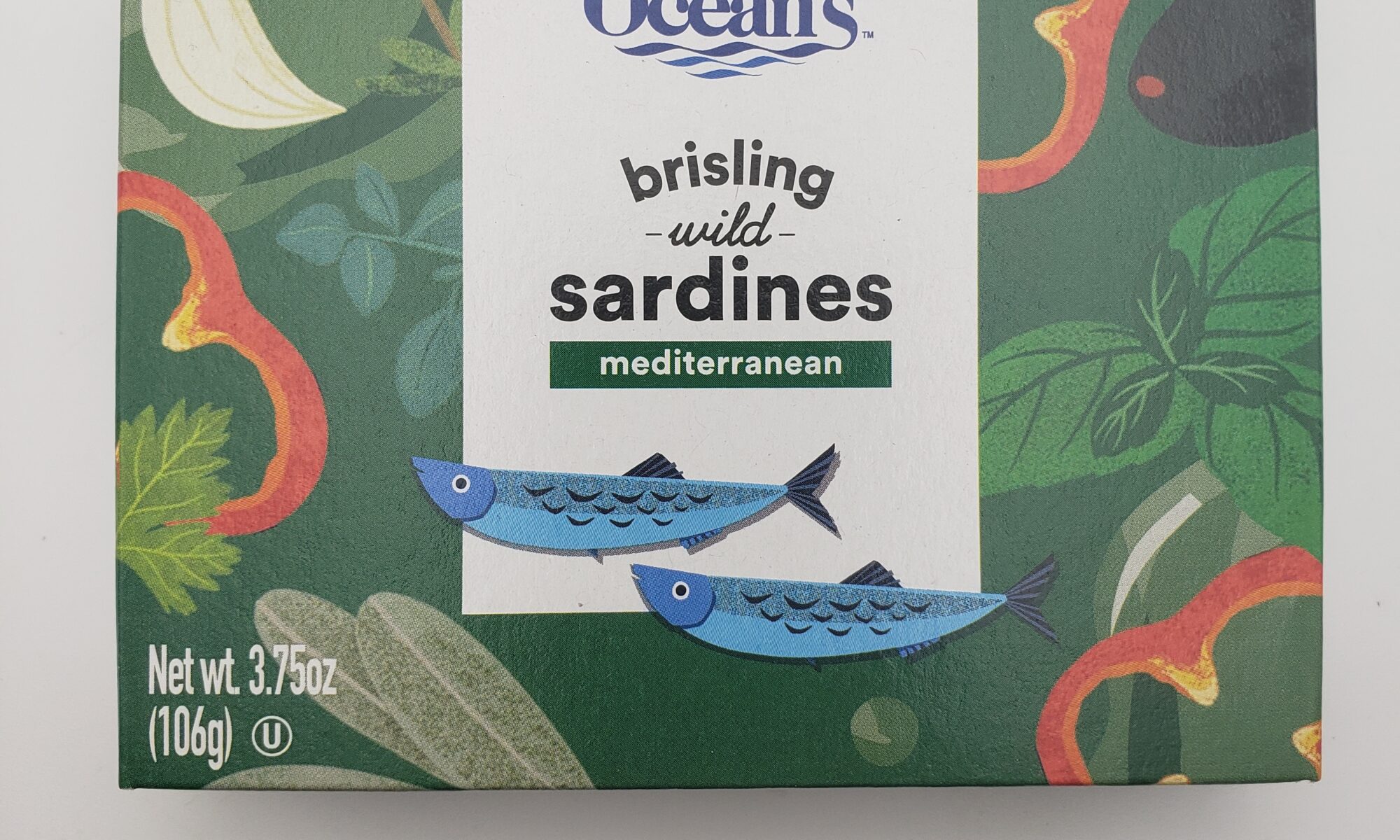 Image of the front of a package of Ocean's Brisling Sardines (Sprats) Mediterranean