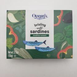 Image of the front of a package of Ocean's Brisling Sardines (Sprats) Mediterranean
