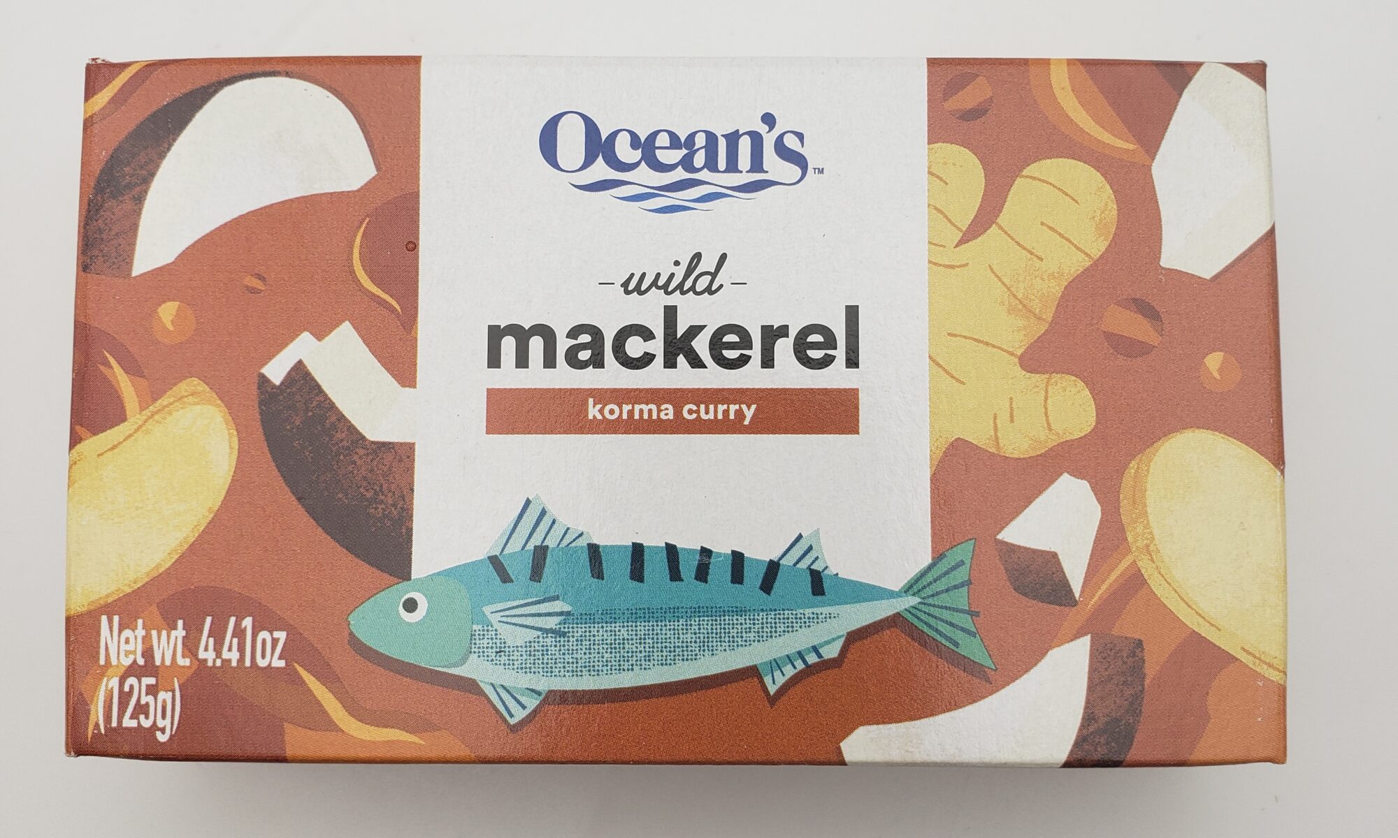 Image of the front of a package of Ocean's Mackerel Fillets in Korma Curry Sauce