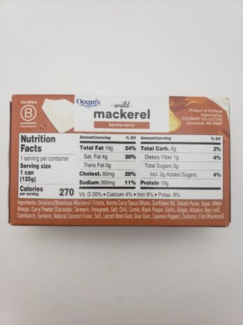 Image of the back of a package of Ocean's Mackerel Fillets in Korma Curry Sauce