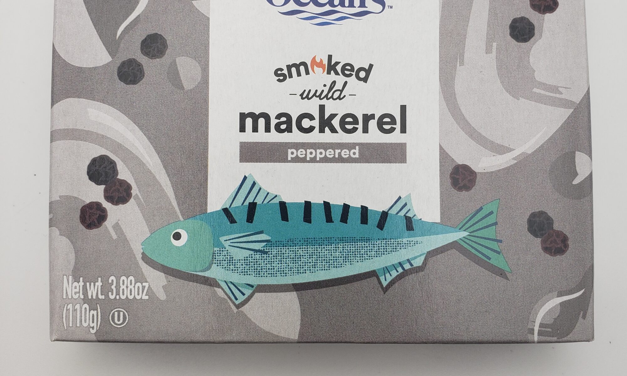 Image of the front of a package of Ocean's Smoked Peppered Mackerel