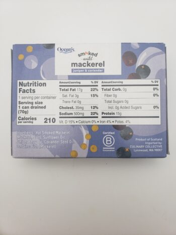 Image of Oceans smoked mackerel with juniper and coriander back label